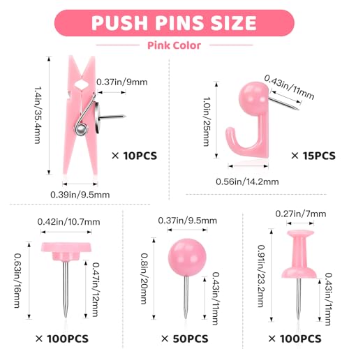 GOOLADA 275pcs Pink Push Pins,5 Style Thumb Tacks, Decorative Push Pins, Cute Thumb Tacks for Bulletin Boards, Wall, Maps, Cork Board, Pink Office Supplies, Office Decor
