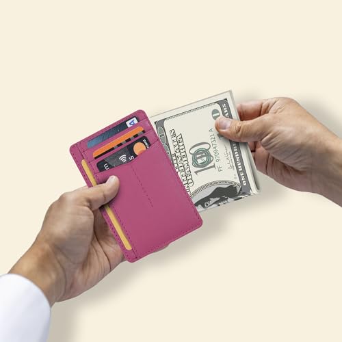 Image of Oak Leathers Leather Slim Minimalist Wallet for Men & Women RFID Front Pocket Leather Card Holder Wallets (Nappa Pink)