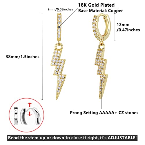 18k Gold Plated Earrings Iced Out Earrings Gold Punk Lightning Diamond Huggie Hoop Earrings Cubic Zirconia Lightning Bolt Dangle Earrings for Men Women Gifts2