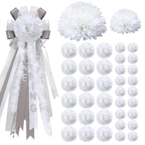 Yuxung 36 Pcs White Homecoming Mum Flower - 6.5/3.15 Inches Artificial Silk Mums Accessories Kit DIY Crafts for Back to School Homecoming Week Party Decorations
