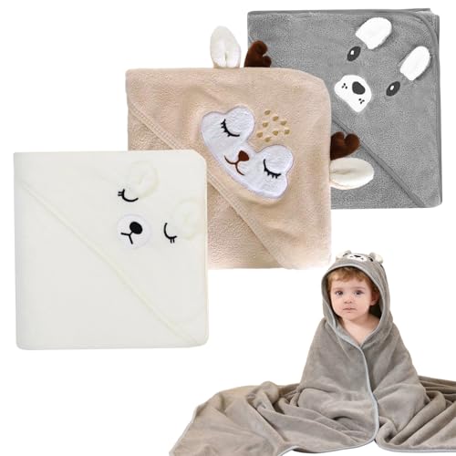 Feegela 3 Pièces Serviette de Bain Capuche Bébé,Serviette Bebe Naissance, Cape de Bain pour Piscine Cape De 0-5 Ans, 80 x 80cm Peluche De Corail De Haute...