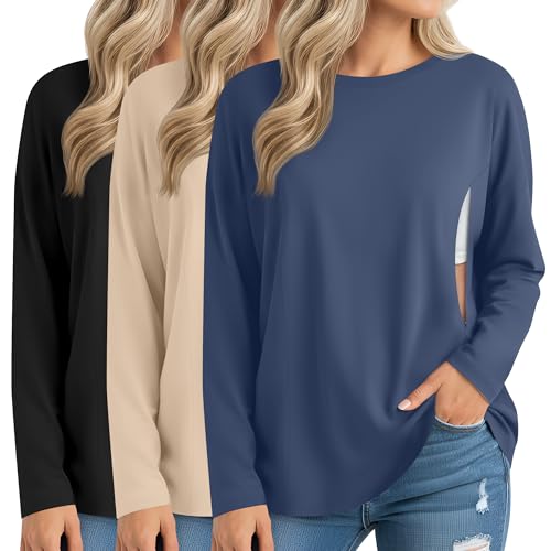 Sweetyweee 3 Pack Women's Nursing Breastfeeding Tops, Long Sleeve Maternity Shirts Oversize Hidden Zipper Pregnancy Clothes(Haze Blue, Light Apricot, Black,Medium)