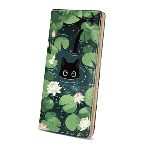 Image of Immaturus Black Cat Leaf Womens Wallet, Slim Thin RFID Blocking Credit Card Wallets, Long Bifold PU Leather Card Holder Organizer, Cute Cash Clutch Billfold with Zipper Coin Pocket Ladies Girls