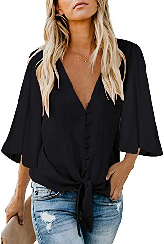 Kancystore Womens Button Down V Neck Tie Knot Front Tops 3/4 Sleeve Chiffon Casual Blouse Shirts