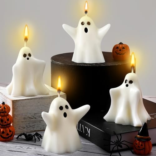 Minatee 4 Pieces Large Halloween Ghost Candles Ghost Decor Burning Candles Scented Wax Candles Spooky Candles Gifts for Boo Basket Stuffers Halloween Room Table Indoor Decorations,2 Style