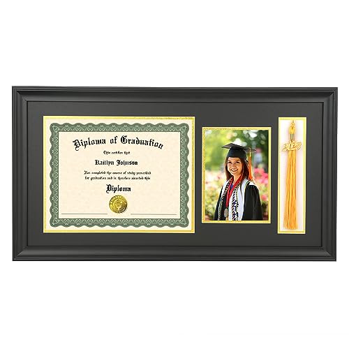 LTYHHK 11x22 Diploma Frame Solid Wood with Tassel Holder for 8.5x11 Document/Certificate & 5x7 Photo, Certificate Frame 8.5x11 Diploma Frames Tassel Shadow Box (LK1122BG)
