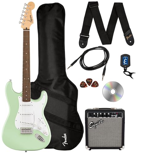 Fender Squier Sonic Stratocaster - Surf Green Bundle with Frontman 10g Amp, Gig Bag, Cable, Strap, Tuner, Picks, and Austin Bazaar Guitar DVD