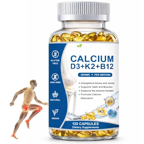 GraviGlow Calcio D3 K2 B12 Softgels Calcium 2000mg with d3 & k2 Suplemento de Calcio Strengthen Bones and Teeth Boost Energy Non-GMO 120 Softgels