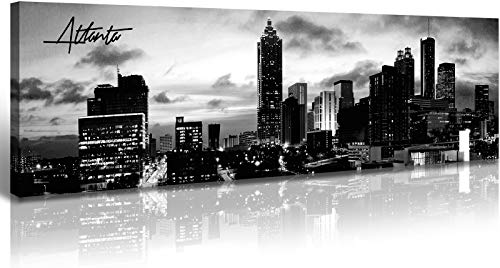 Image of DJSYLIFE Atlanta Skyline Wall Art Cityscape Picture Decor 13.8 inchx47.3 inch | Black and White Canvas Print, City Building Panoramic,Night View Modern Decoration,Office Study Bedroom Home Decorations