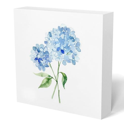 MKGRXZCW Blue Hydrangea Decor, Watercolor Hydrangea Flower Chinoiserie Wooden Box Sign, Rustic Blue and White Floral Decor for Grandmillennial Home Office Flower Bar Desk Shelf Table, 5x5 Inch