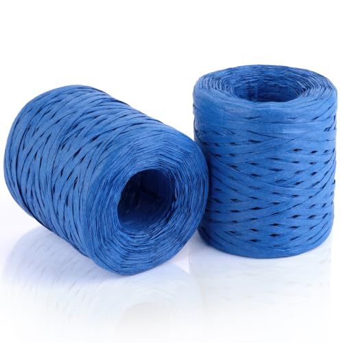 Image of BEVTEE 436 Yards Raffia Yarn for Crochet, Ribbons for Crafts, Blue | Paper Ribbon for Wrapping Christmas Crafts DIY Decoration, Easy to Tie, Perfect for Basket Weaving Supplies