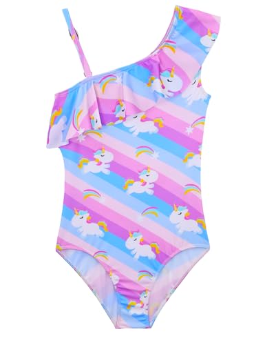 Image of Snowheart Girls Swimsuit Adjustable Shoulder Strap UPF50+ One-Shoulder Ruffle Bathing Suit 3-12T