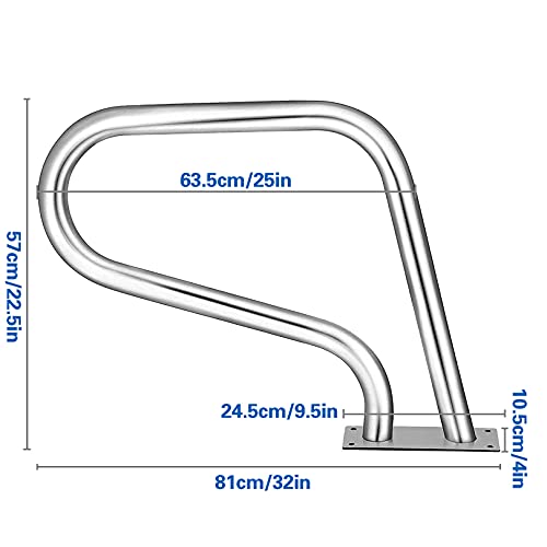 Pool Hand Rail Easy Mount Hand Grab Rail, 304 Stainless Steel Swimming Pool Stair Rail w/Base Plate for Inground Pool Entry