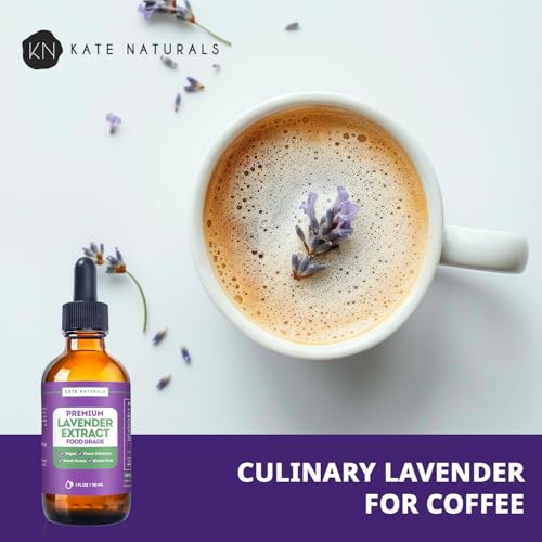 Kate Naturals Lavender Extract for Baking, Coffee & Drinks (1oz) - . Vegan Lavender Flavoring. Tasty Gluten Free Food-Grade Edible Lavender Oil. Culinary Lavender Extract for Cooking