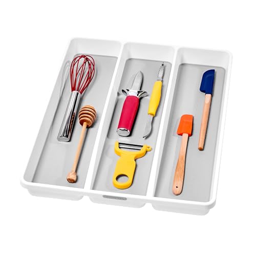 madesmart 3 Compartment Premium Utensil Tray, Multi Purpose Storage Organizer, Non Slip Lining, Deep Storage for Ladles, Whisks & Serving Tools, for Drawers & Home Organization, White