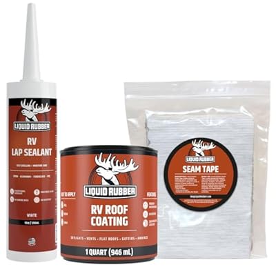 Liquid Rubber RV Roof Coating Solar Reflective Sealant Waterproof Trailer Roof Repair Kit Includes: RV Roof Coating 1 Quart, Seam Tape - 4"x12.5', 1 Tube RV Lap Sealant