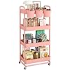 JIUYOTREE 4-Tier Plastic Rolling Storage Cart Utility Cart with Extra Hanging Cups Handles Lockable Wheels for Living Room Bathroom Kitchen Office White