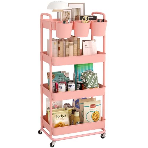 Image of JIUYOTREE 4-Tier Plastic Rolling Storage Cart Utility Cart with Extra Hanging Cups Handles Lockable Wheels for Living Room Bathroom Kitchen Office Pink
