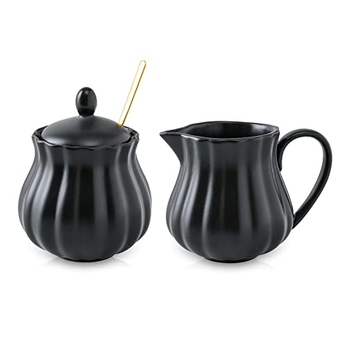 Selamica Ceramic Sugar And Creamer Set, 7.5 Oz Sugar Bowl With Lid Spoon, Tea Or Coffee Serving Set With Cream Pitcher, Dishwasher Safe, Gift, Set Of 3, Matte Black #TOP21