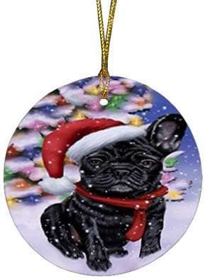 Let It Snow French Bulldog Round Flat Ornament - Pet Decorative Hanging Ornaments for Christmas X-mas Tree Decorations - 2.75" Round Ceramic Christmas Ornament POR1494