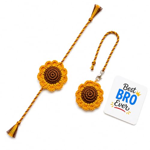 Image of eCraftIndia Handmade Crochet Sunflower Theme Bhaiya Bhabhi Rakhis with Best Bro Ever Fridge Magnet | Set of 2 Rakhi for Brother and Bhabhi | Lumba Rakhi | Roli Chawal Pack