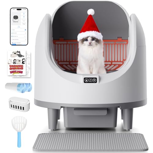 Bashaw Self Cleaning Litter Box, Automatic Cat Litter Box for Multiple Cats, App Control with Safety Sensors, Open Top, Includes Scent Cartridge, Litter Mat & 2 Roll Garbage Bags (White)