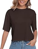 PRIMODA Women's Loose Fit Cropped T Shirts Crew Neck Half Sleeve Crop Tops Tee Shirts (Brown S)