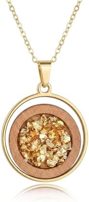 Collier Bois et Or Femme - Pendentif Résine et Eclats de verre - Chaine Acier...