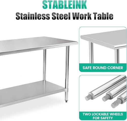 Image of STABLEINK NSF Stainless Steel Table with Wheels Casters 48x30 Inche, Metal Prep & Work Table with Adjustable Undershelf, for Commercial Kitchen, Restaurant, Laundry and Garage