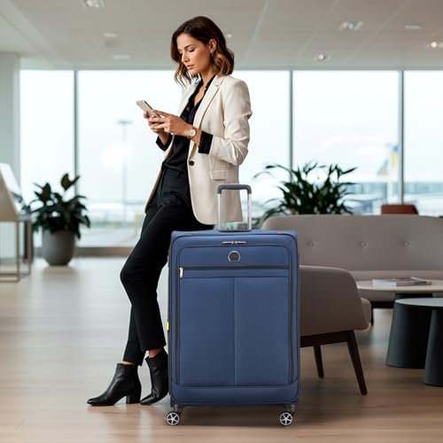Image of DELSEY PARIS Priscilla 82 cms Large Check-in Polyester Soft Sided 8 Wheels and Expandable Spinner Suitcase /Trolley Bag for Travel with TSA Lock- Blue