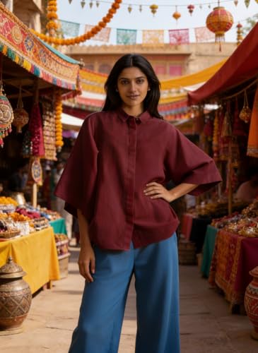 Image of Shirt for Women | Casual Button Down Long Sleeve Blouse | Oversized Striped Loose Fit Cotton Top with Pocket | Trendy Collar Aesthetics & Streetwear Tunics(34-S-1-5)