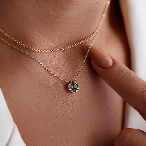 14k Diamond Emerald Necklace, Solid Gold Emerald Necklace, Diamond Necklace, Round Diamond Pendant4