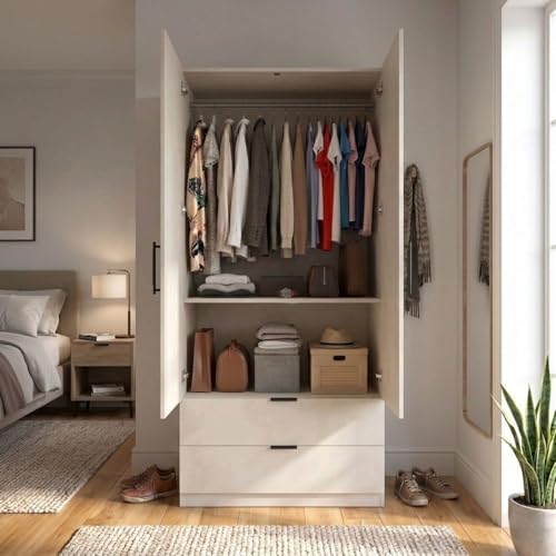 Image of FFO Keris 2 Door Wooden Wardrobe with 2 Drawers, Hanging Rod & Storage Shelves | Modern Clothes Almirah Cabinet with Lock & Black Handles for Home White DIY.