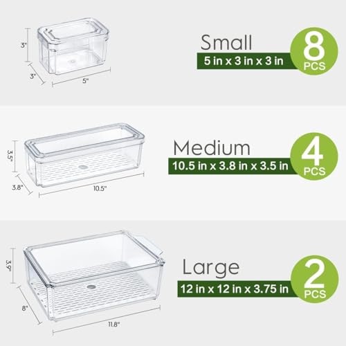 Image of Plastic 14 Pack Fridge Organizer - Stackable BPA-Free Refrigerator Bins with Lids for Fruits, Vegetables, Drinks, Cereals & Food Storage