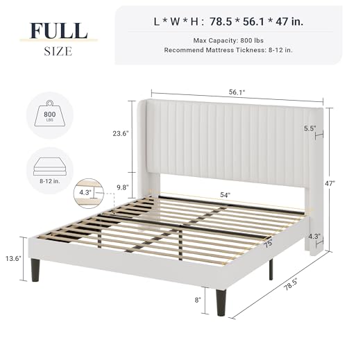 Allewie Full Size Velvet Bed Frame/Vertical Channel Tufted Wingback Headboard/Upholstered Platform Bed/Strong Wooden Slats/No Box Spring Needed/Easy Assembly/White