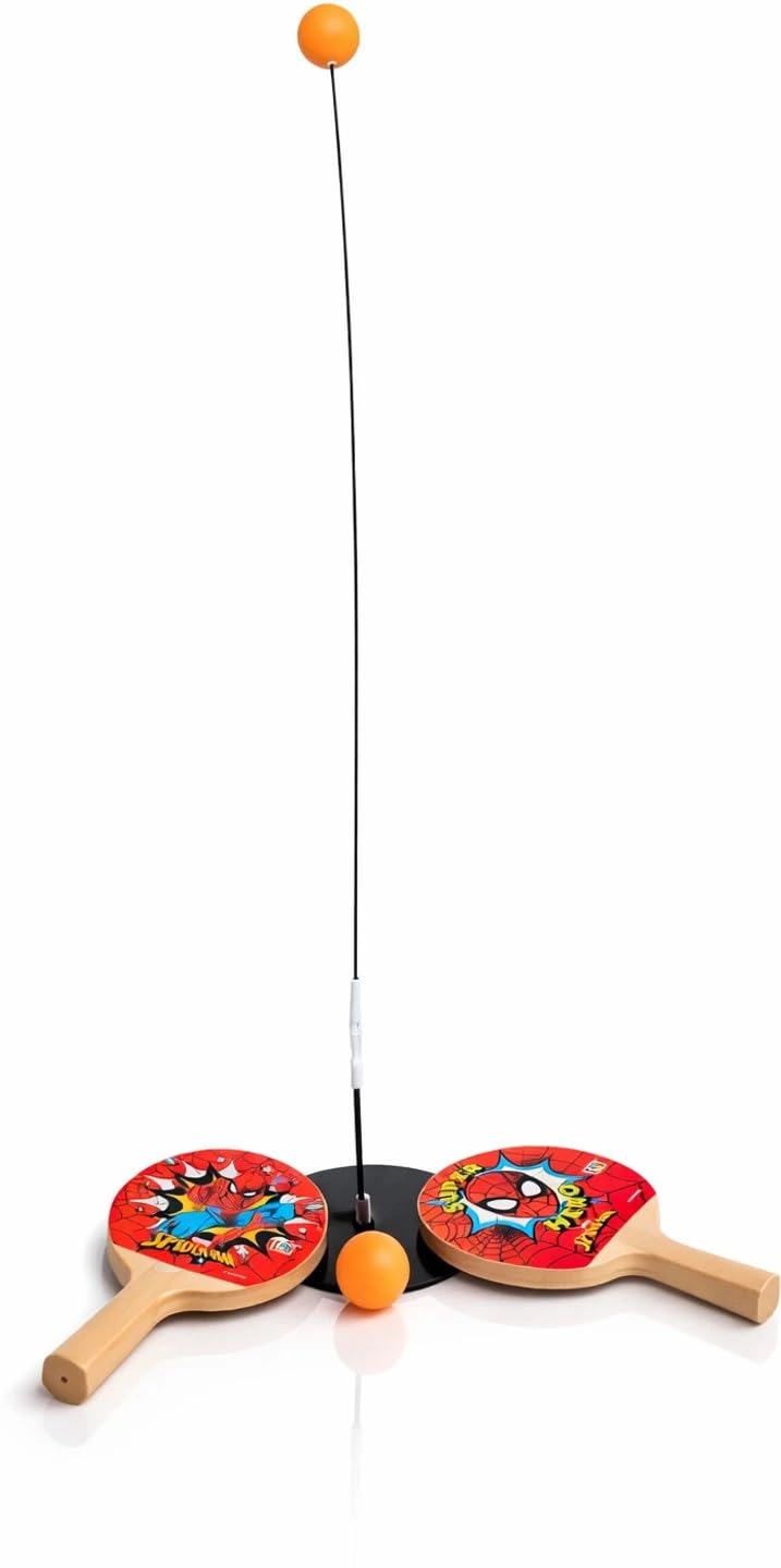 spider-man themed table tennis paddle set with 180 degree rebound base, 2 wooden paddles, 2 balls, training game for kids