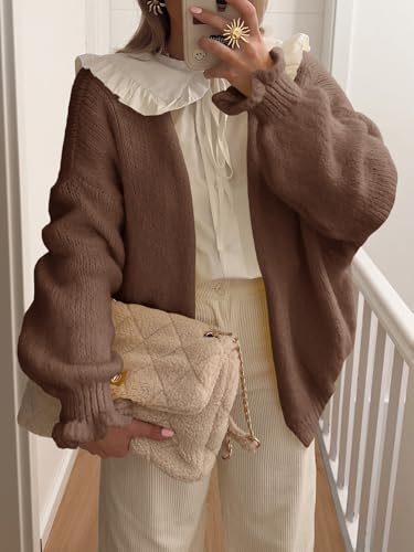 Saodimallsu Womens Oversized Open Front Cardigan Fall Ruffle Lantern Long Sleeve Chunky Knit Loose Sweater Coats2