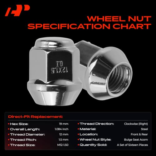 Image of A-Premium M12-1.50 Wheel Lug Nuts Compatible with Chevrolet & Suzuki | for Chevrolet Aveo 2006-2010 Aveo5 2007-2010 Suzuki Forenza Swift+ Pontiac G3 Front and Rear 16-PC Set