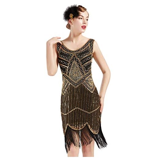 BABEYOND dam paljetter 1920-tals klänning flapper charleston klänning v-ringad stor gatsby temafest dam karneval kostym klänning, Svart guld, M
