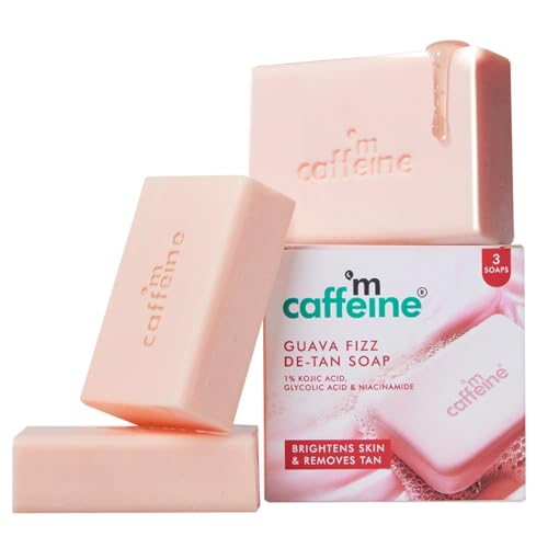 mCaffeine Brightening Tan Removal Soap - 1% Kojic Acid & Glutathione -Pack of 3x100g | Niacinamide, Glycolic Acid - Reduce Dark Spots | Tangy Guava Perfumed Bar | Moisturizing Bath Soap for Women, Men