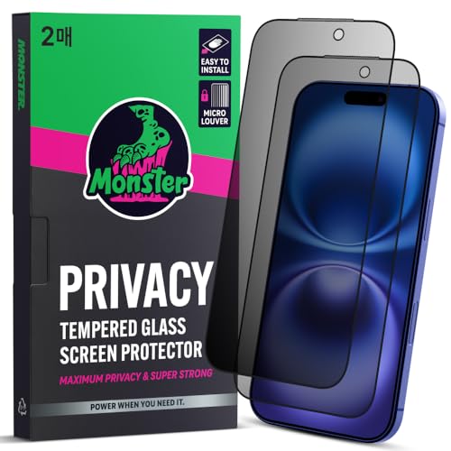 MonsterGel 覗き見防止 iPhone用 保護フィルム 2枚入 強化ガラス 貼り付けガイド枠 気泡レス 撥水 撥油 指紋防止 埃防止 9H硬度 耐衝撃 飛散防止 高解像 超高速ロック解除 全面保護 (iPhone 15 / 16)