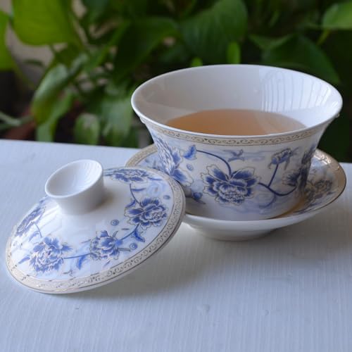 vv8oo Blue White Peony Gaiwan Tea Set