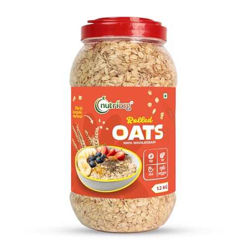 Nutriorg Rolled Oats 1kg, | Premium Golden Rolled Oats, Gluten Free Oats with High Fibre, 100% Whole Grain, Non GMO | Healthy Food with No Added Sugar | Diet Food for Weight Loss – 1kg