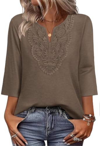 Image of WIHOLL 3 /4 Length Sleeve Womens Tops Boho V Neck Lace Shirt Trendy Blouses Dressy Casual Vacation Clothes S-3XL