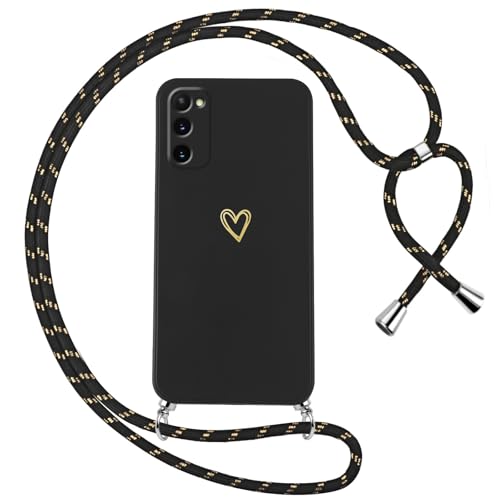 Oelrstfe Handyband für Samsung Galaxy S20 Hülle mit Band Herz Motiv Handyhülle für zum Umhängen Silikon Stoßfest Ultra Dünn Weich Schutzhülle mit Kordel Necklace Kette Love Muster Case Schwarz