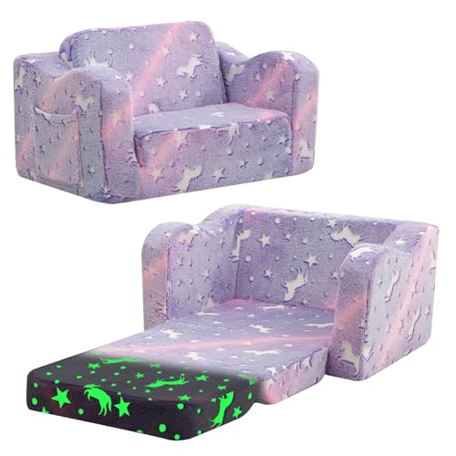 MeMoreCool Kids Fold Out Sofa Bed, Plush Toddler Chair Recliner with Glow in the Dark Design, Soft Folding Couch for Boys and Girls, Comfy Children’s Bedroom Playroom Furniture, Purple Unicorn