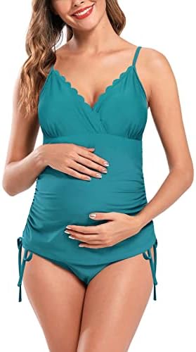 SHEKINI Women's Tie Side Swimwear Scalloped Triangle Bathing Suits Maternity Swimsuits (Green, XX-Large)