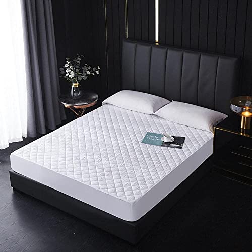 Protector de colchón, sábana bajera ajustable de hotel, color puro, acolchado, impermeable, para cama individual, doble, color blanco, 150 x 200 cm + 30 cm (blanco 80 x 200 cm + 30 cm)
