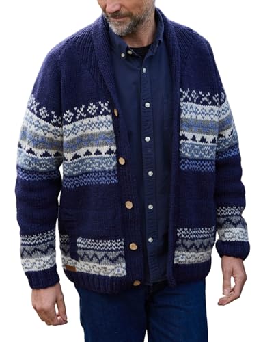 Image of Pachamama Men Wool Cardigan Buttoned Casual Roll-Over Neck Handknit Classic Fair Isle Stripe Handmade Multicoloured Warm Jacket Pockets Fair Trade (UK, Alpha, L, Regular, Regular, Navy)