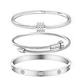 MAOCEN Women's Stainless Steel Bracelet Gold Plated Cuff Bangle With Cube Zircon Hinge Jewelry oval Bangle Witness the Gift of Love (6mm Silver 3pcs-A)